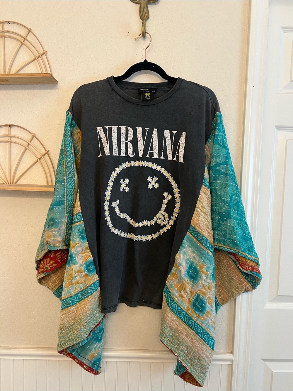 Handmade Upcycled Nirvana Kantha Top Boho Kimono Sleeve Shirt